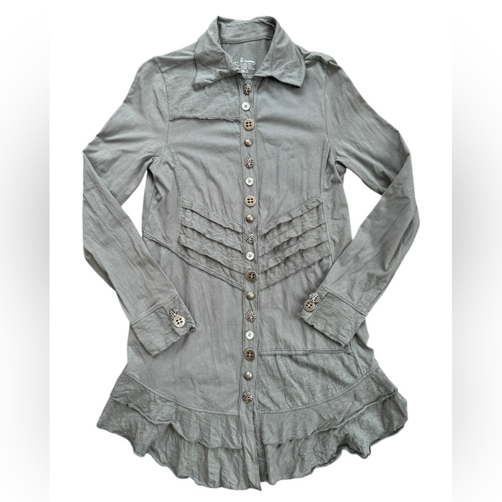 Neon Buddha Tunic Top Women XS Gray Excellent Ruffle Button Down Lagenlook Shirt